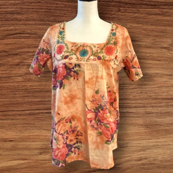Vintage Goa Square Neck Floral Embroidered Boho Women's Top in Mango ~ Large NWT - Picture 2 of 11